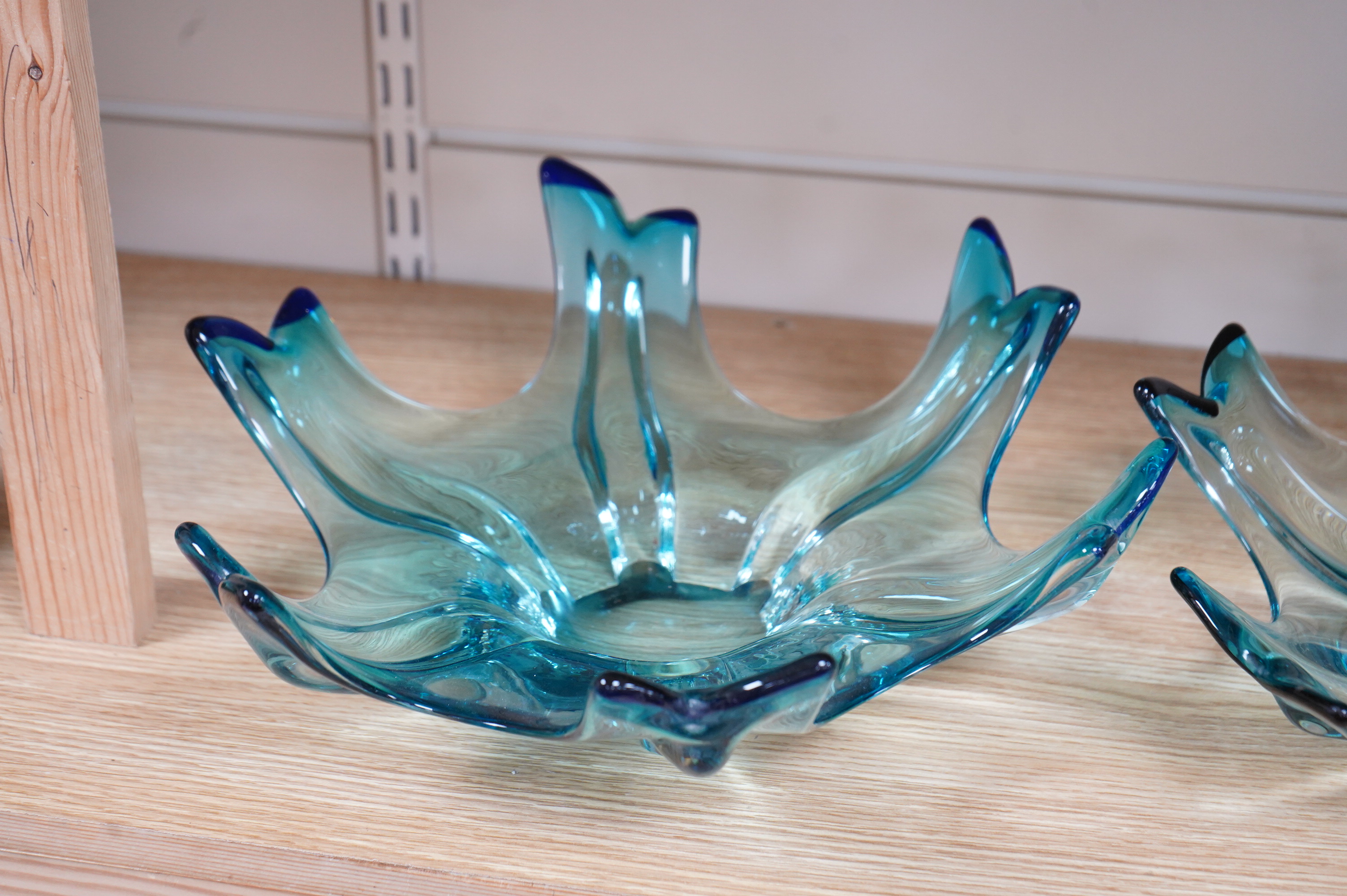 Two 1950's/60's Murano glass ‘rain drop’ blue glass dishes, 37cm in diameter